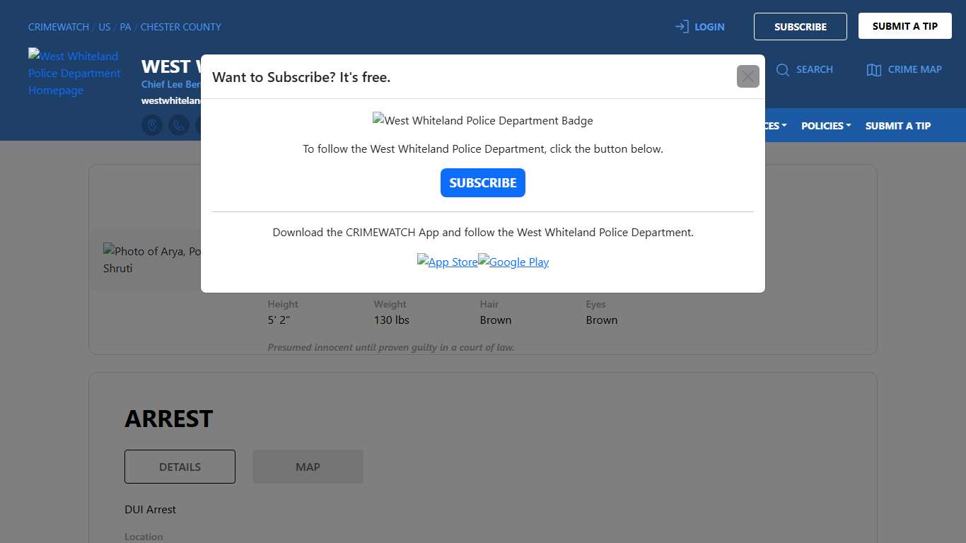 Arya, Pooja Shruti - (75) 3802 (A)(1) DRIVING UNDER THE INFLUENCE-GENERAL IMPAIRMENT (M) and 2 additional charges West Whiteland Police Department